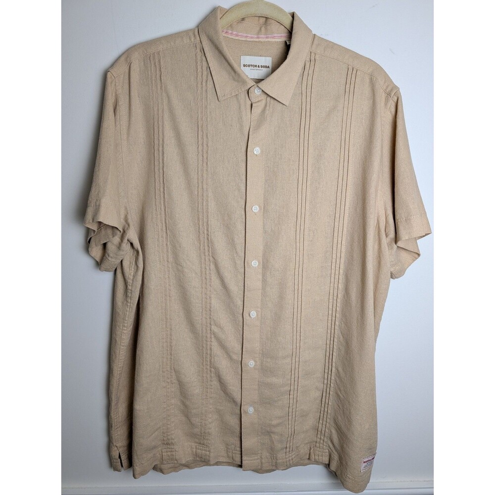 Scotch & Soda Shirt Mens Large Beige Short Sleeve Linen Blend Button Up
